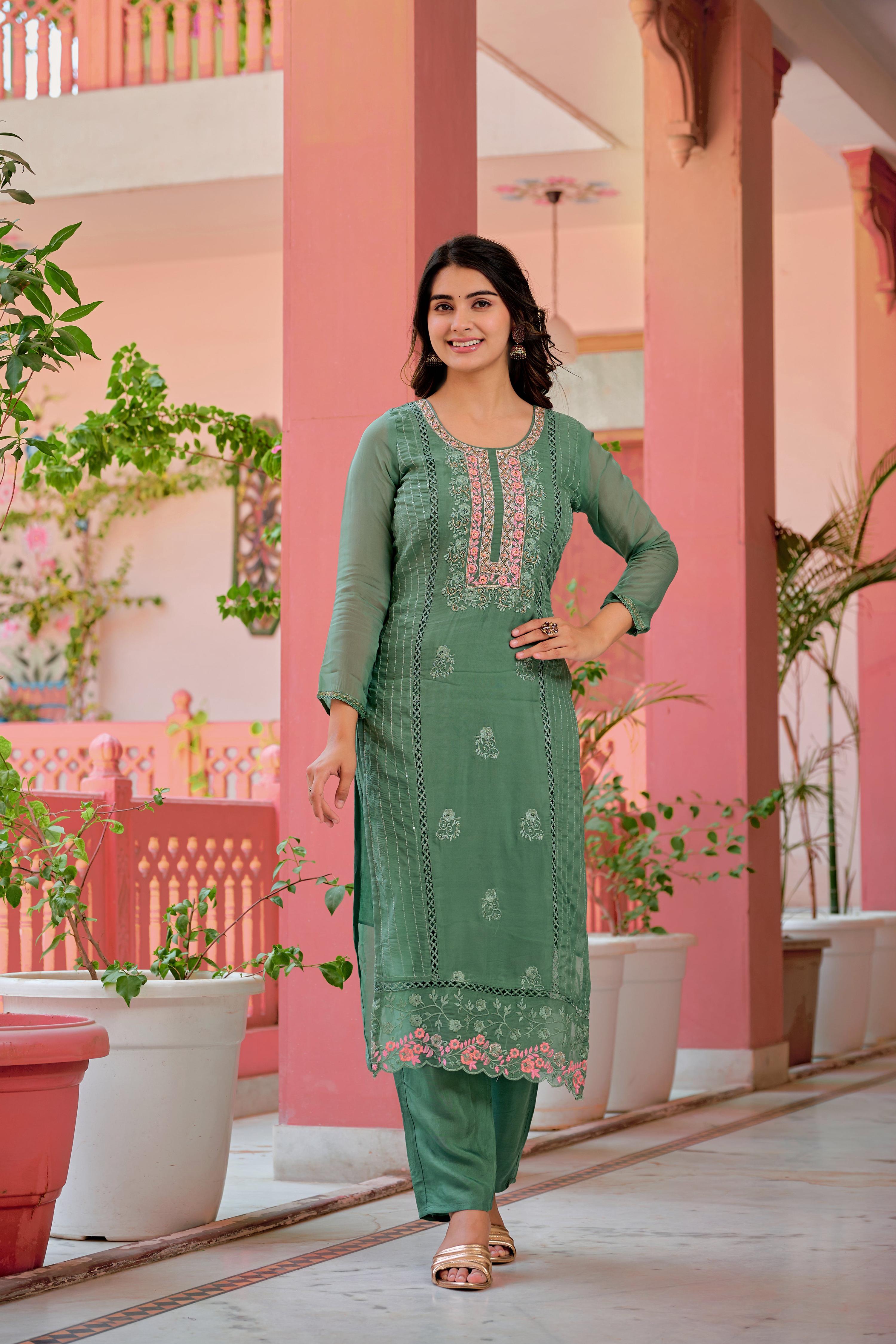 Hand Embroidered Multicolor Rayon Kurta Set with Pant and Dupatta