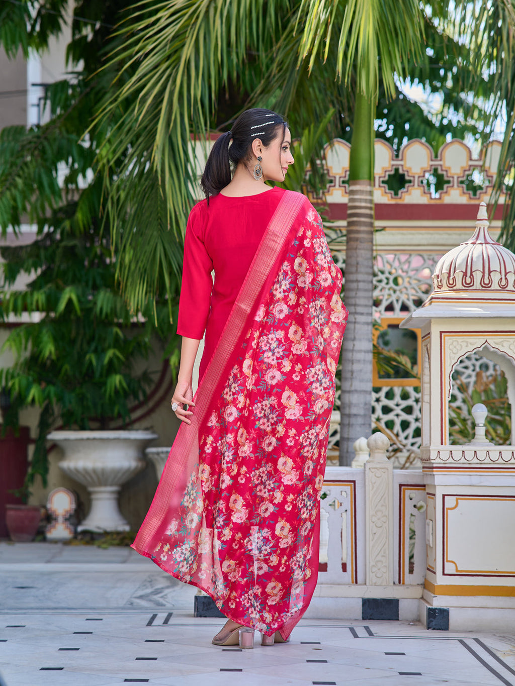Multicolor Luxury Hand Embroidered Rayon Kurta Set with Printed Dupatta