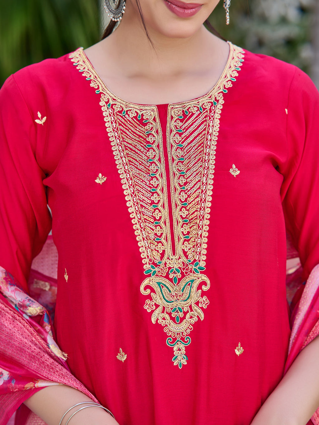 Multicolor Luxury Hand Embroidered Rayon Kurta Set with Printed Dupatta