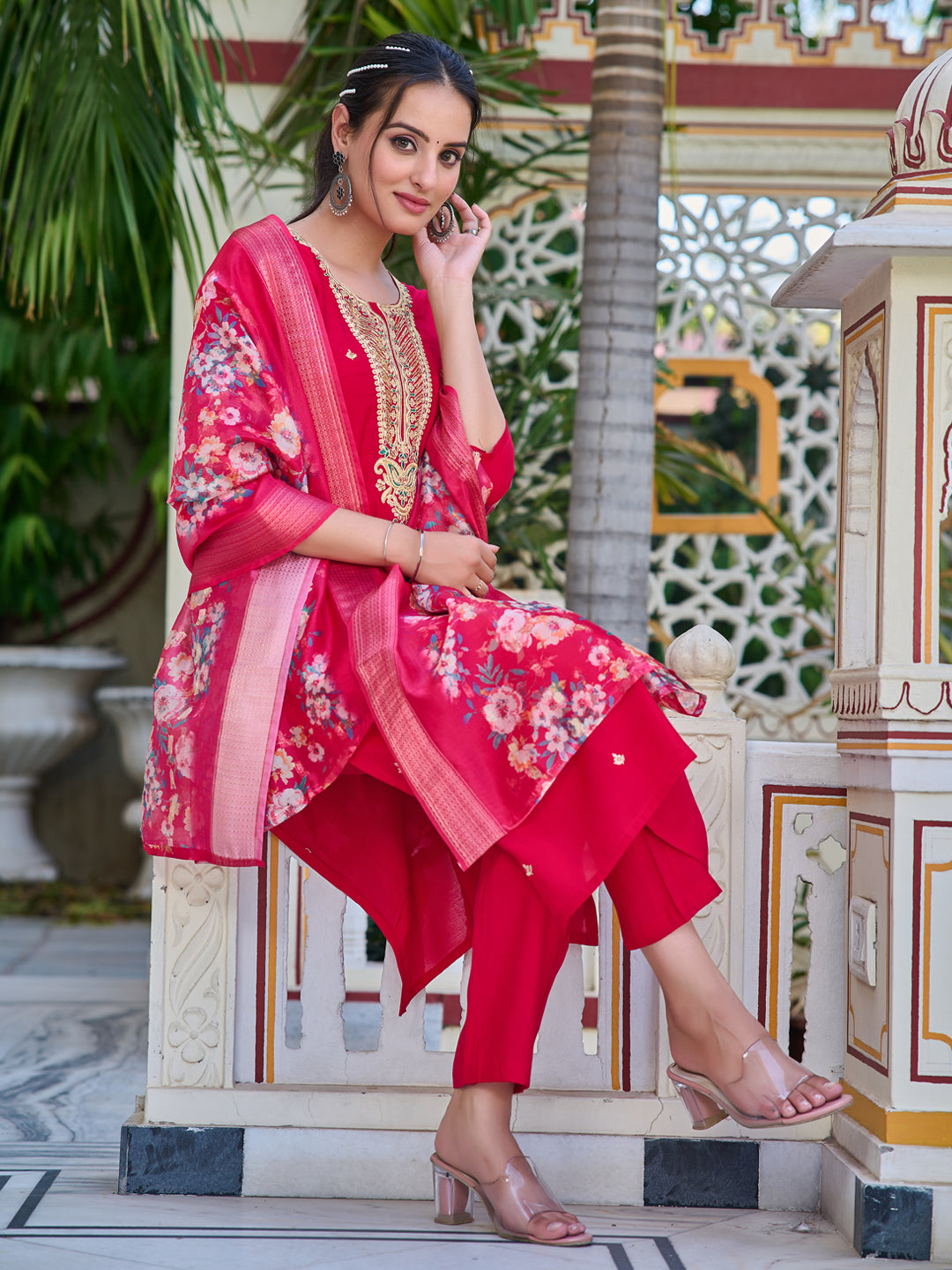 Multicolor Luxury Hand Embroidered Rayon Kurta Set with Printed Dupatta