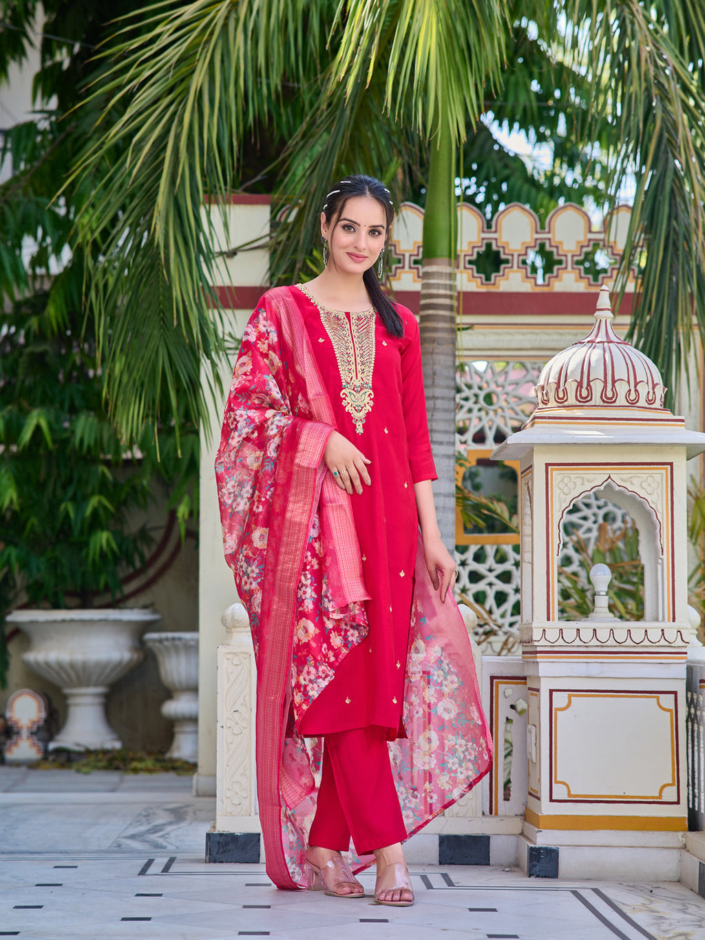 Multicolor luxury hand embroidered rayon kurta with printed dupatta