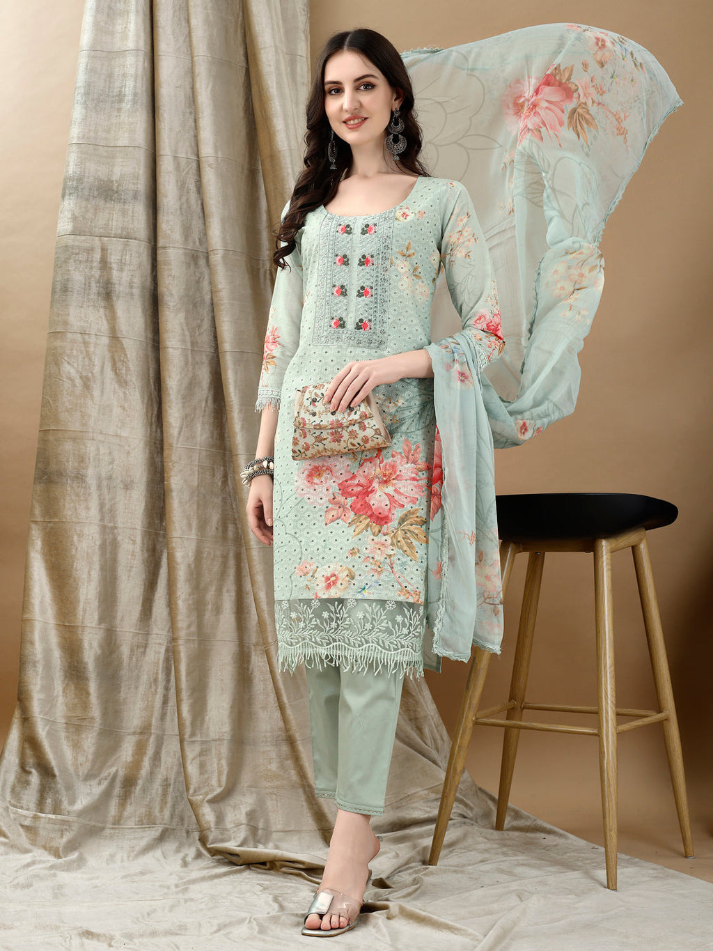 Green Schiffli Embroidered Kurta Set with Pant and Printed Dupatta