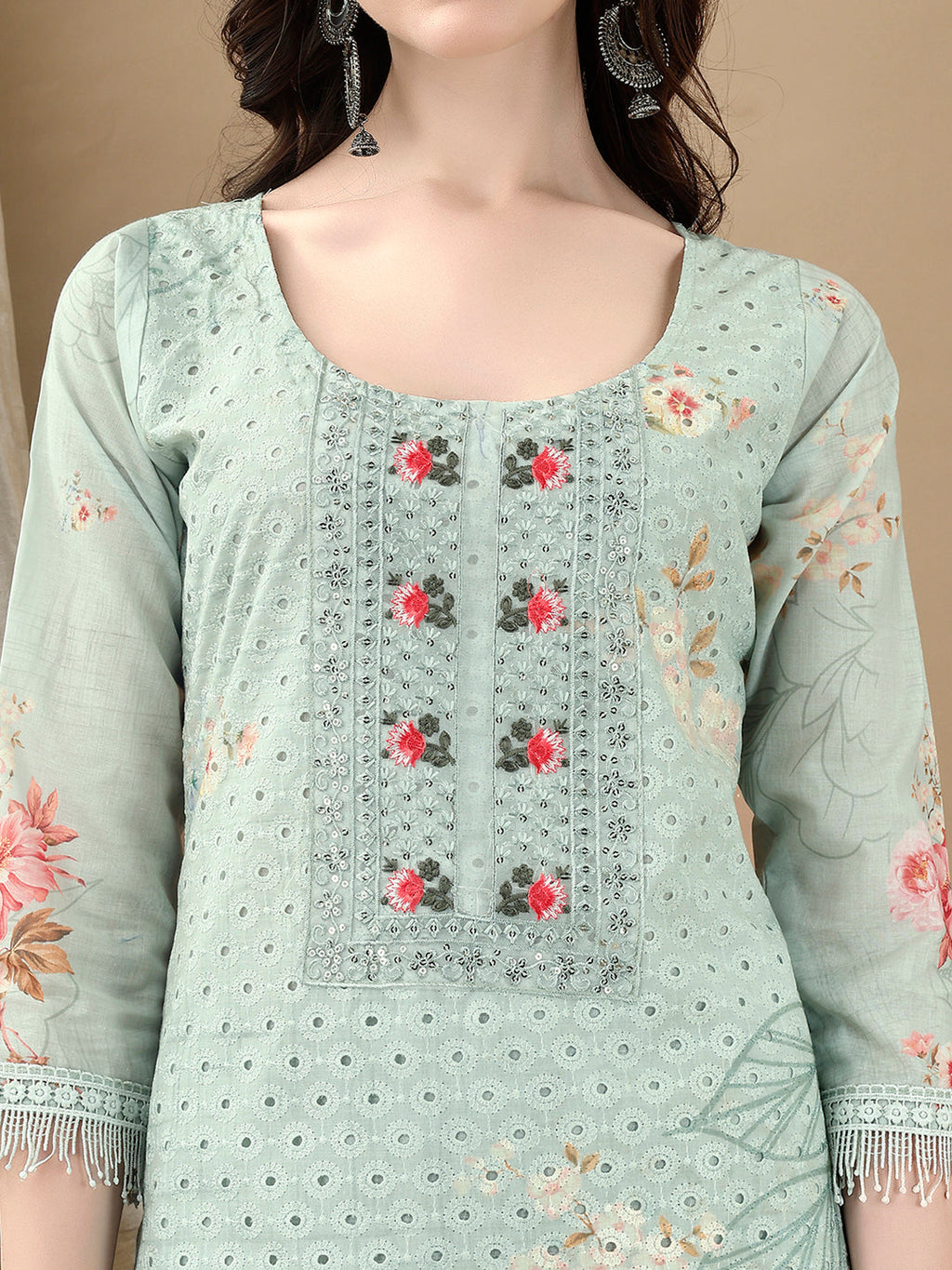 Green Schiffli Embroidered Kurta Set with Pant and Printed Dupatta