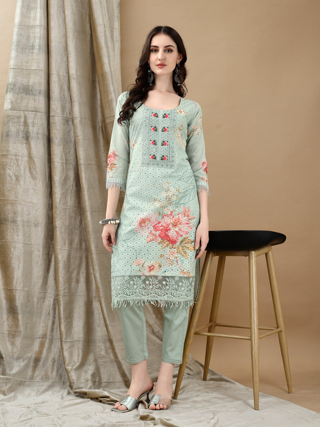 Green Schiffli Embroidered Kurta Set with Pant and Printed Dupatta