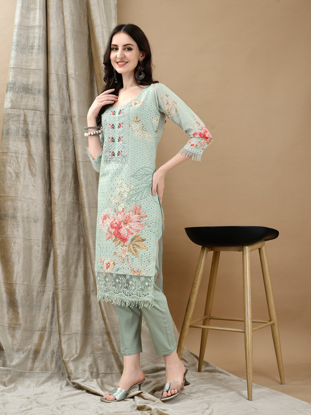 Green Schiffli Embroidered Kurta Set with Pant and Printed Dupatta