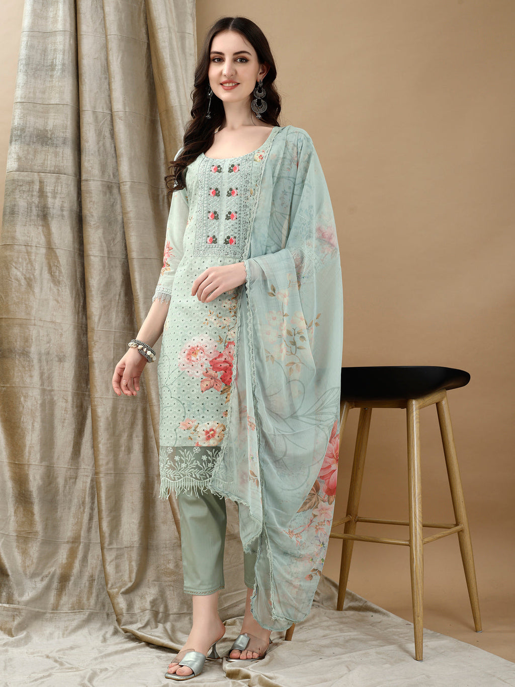 Green Schiffli embroidered cotton kurta with matching pants and a printed dupatta set