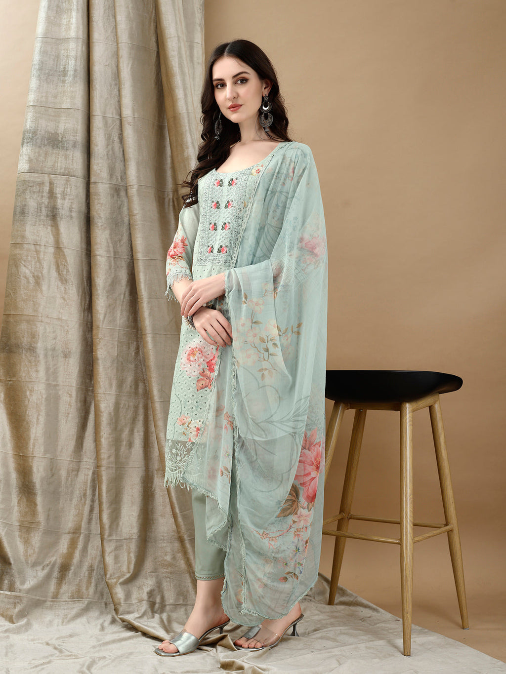 Green Schiffli Embroidered Kurta Set with Pant and Printed Dupatta
