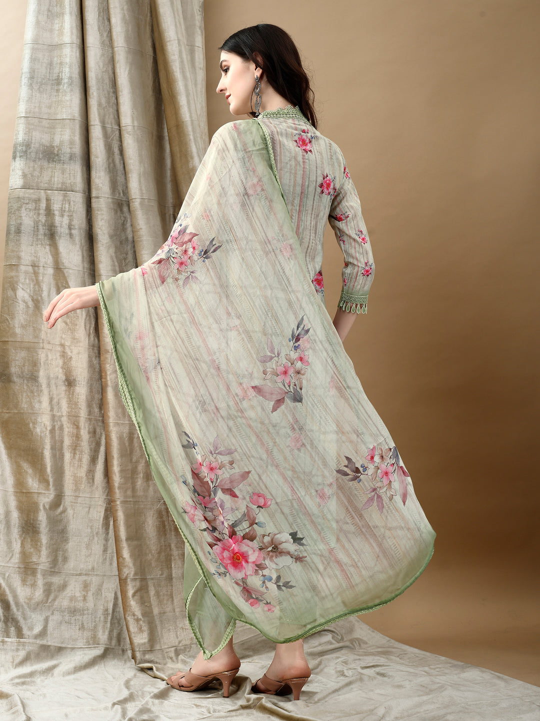 Green Schiffli Embroidered Kurta Set with Printed Dupatta
