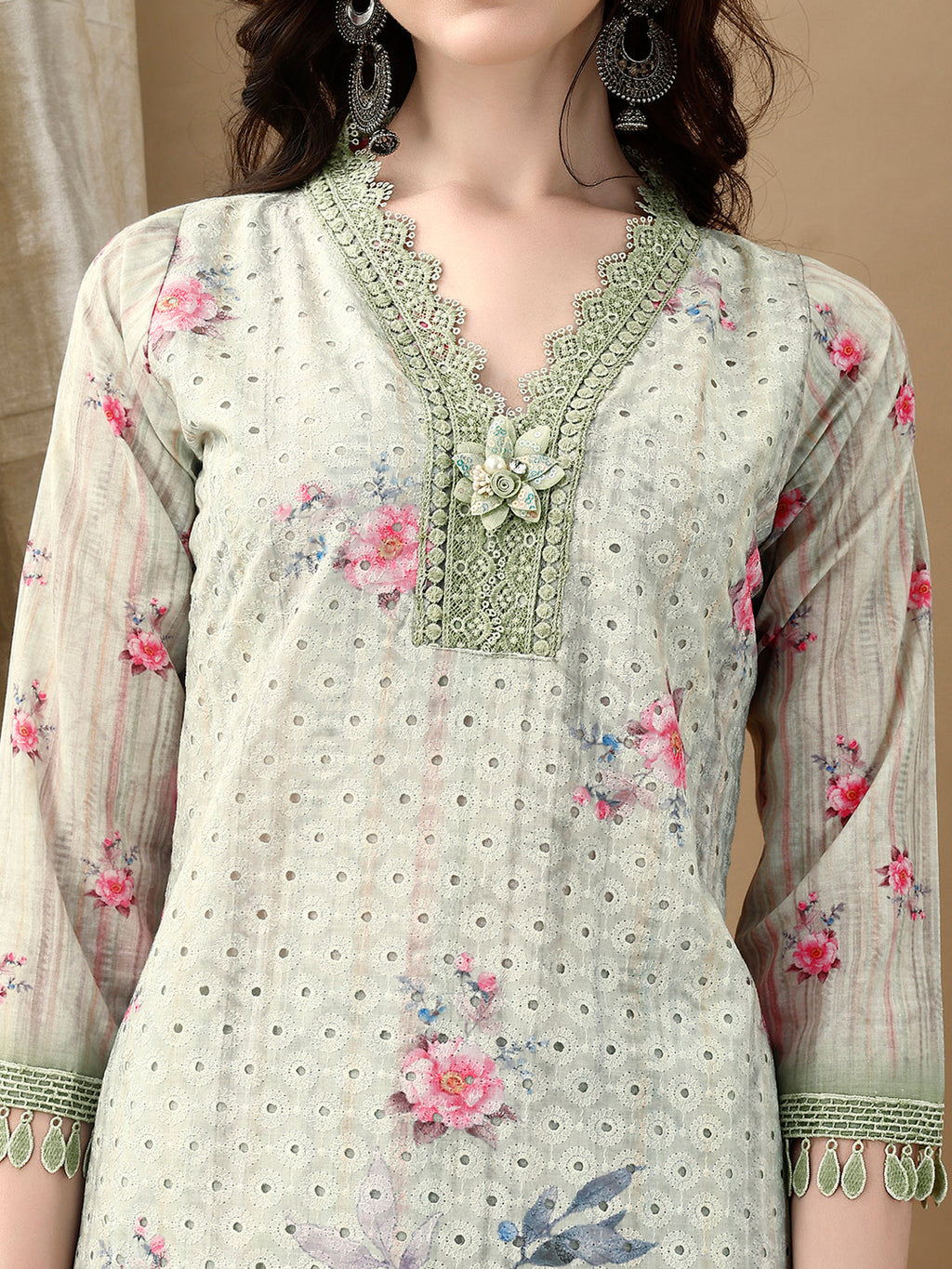 Green Schiffli Embroidered Kurta Set with Printed Dupatta