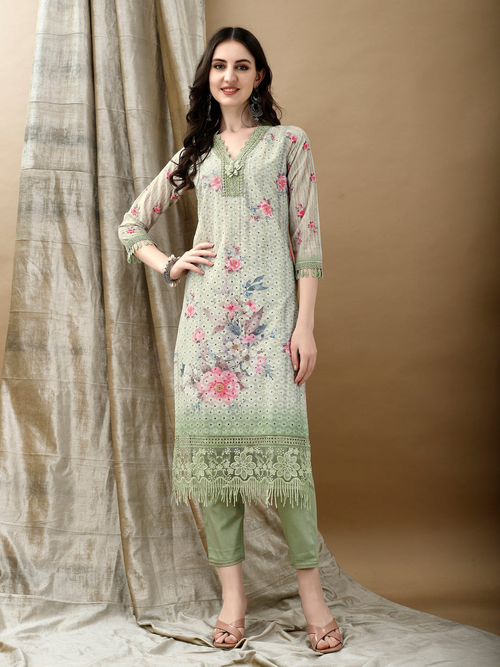 Green Schiffli Embroidered Kurta Set with Printed Dupatta