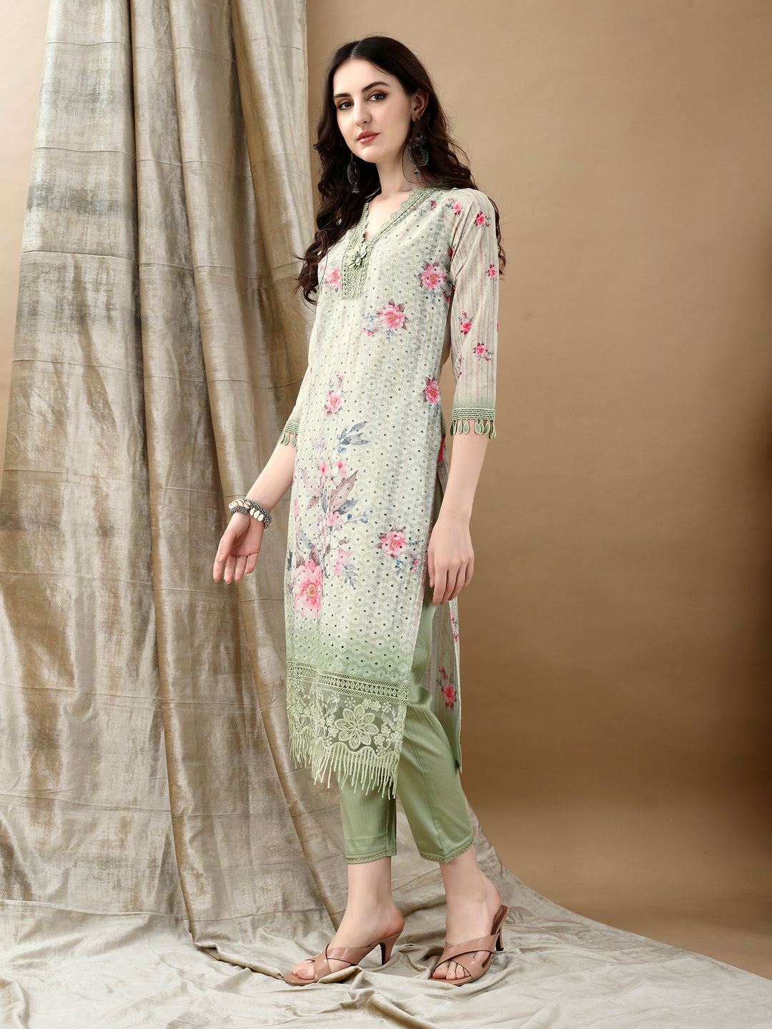 Green Schiffli Embroidered Kurta Set with Printed Dupatta