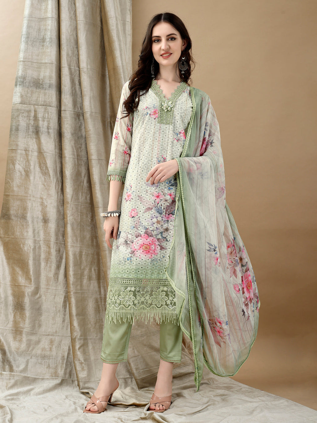 Green Schiffli Embroidered Kurta Set with Printed Dupatta