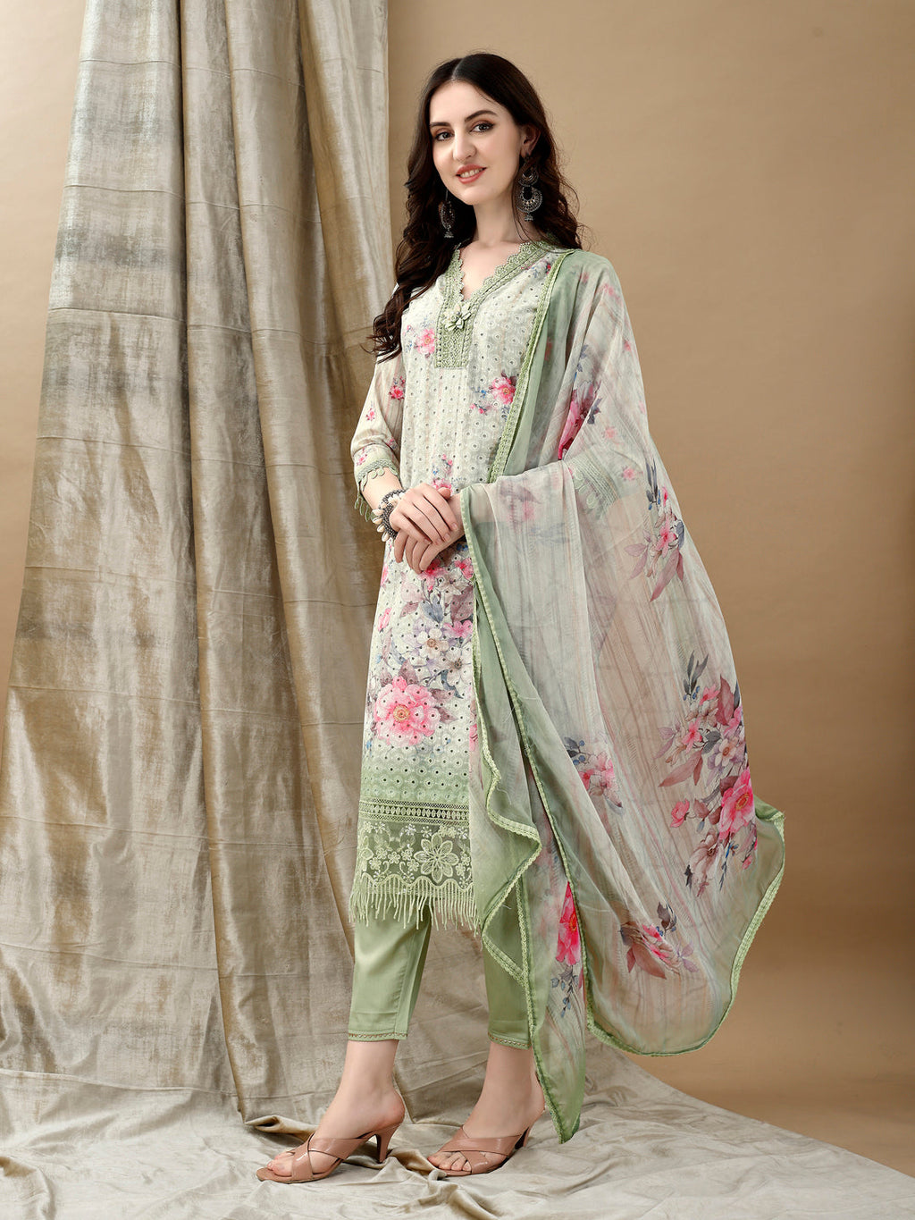 Green Schiffli Embroidered Kurta Set with Printed Dupatta