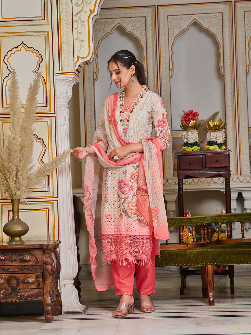 Multicolor Schiffli Embroidered Kurta Set with Printed Dupatta