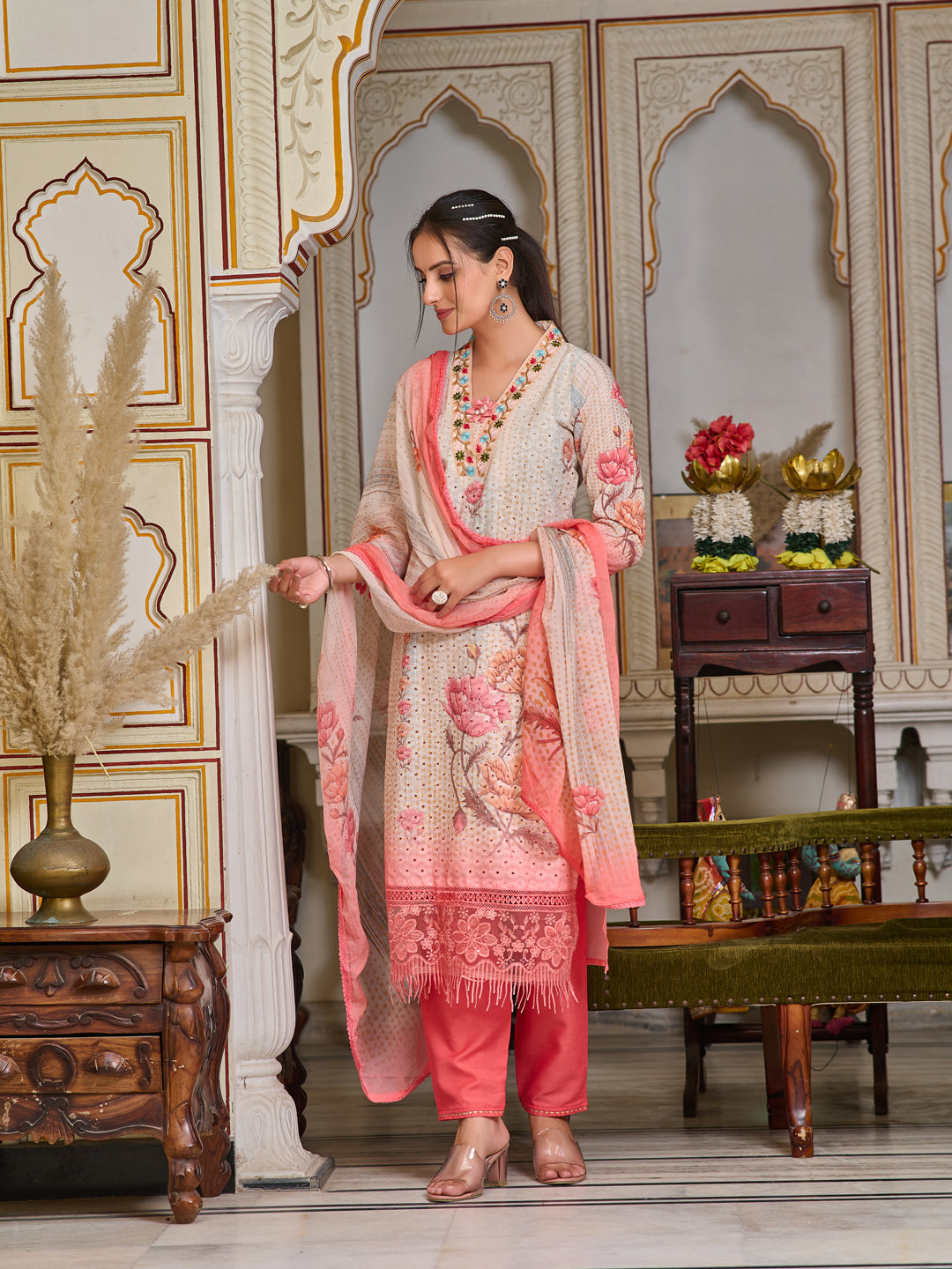 Multicolor Schiffli Embroidered Kurta Set with Printed Dupatta
