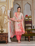 Woman wearing a multicolor schiffli embroidered kurta with matching pants and printed dupatta