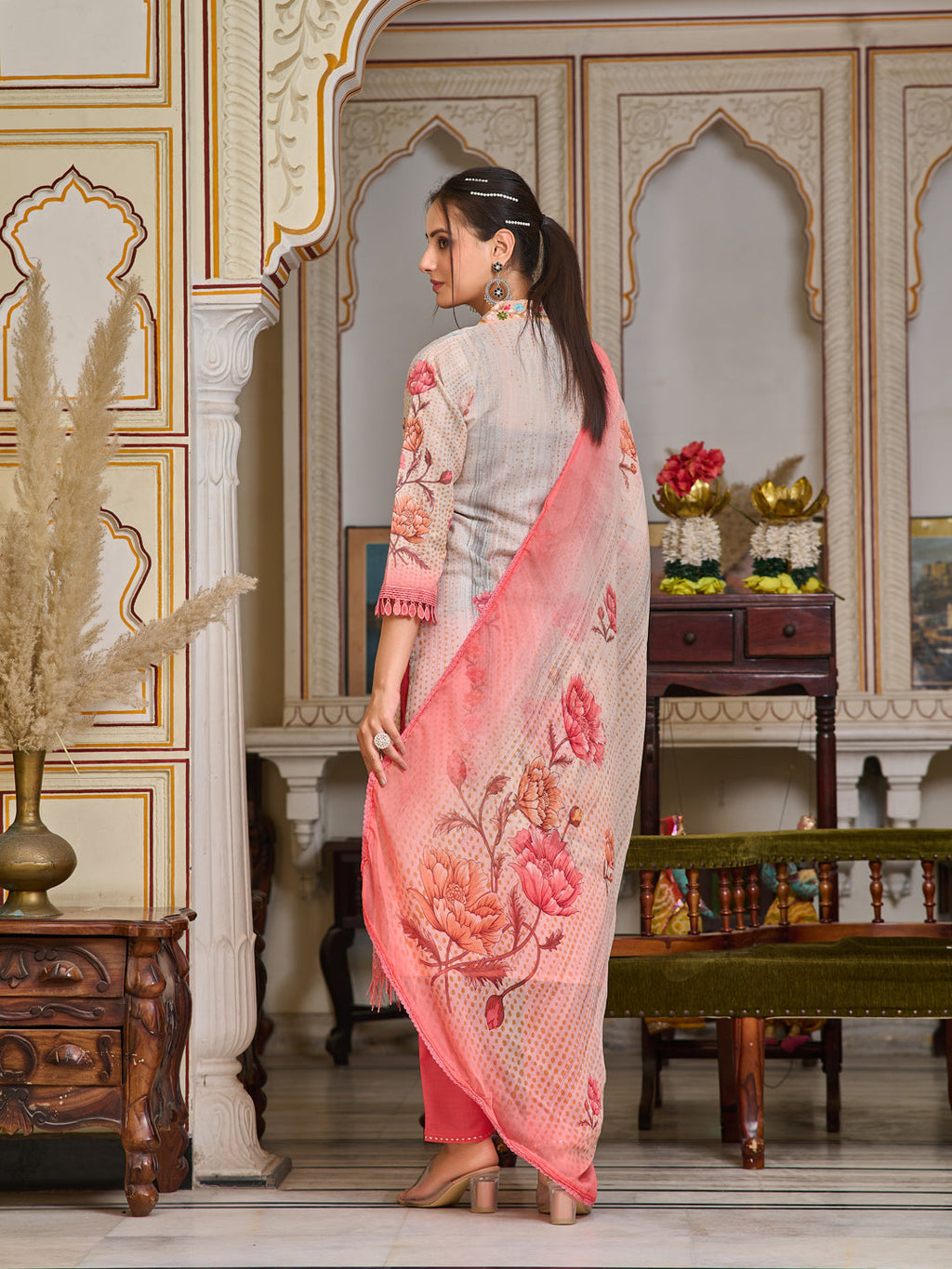 Multicolor Schiffli Embroidered Kurta Set with Printed Dupatta