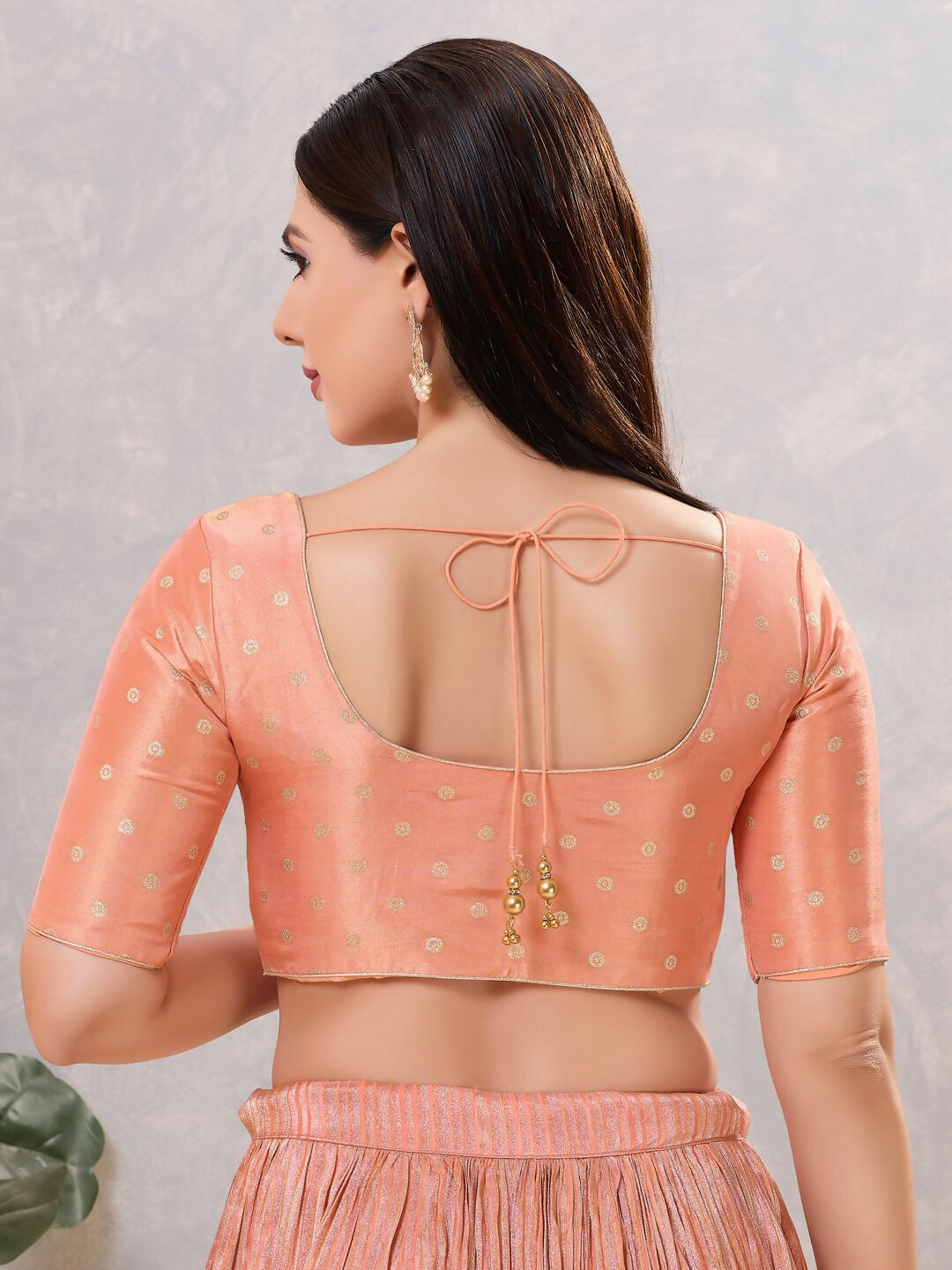 Peach Silk Stitched Blouse with Round Neck