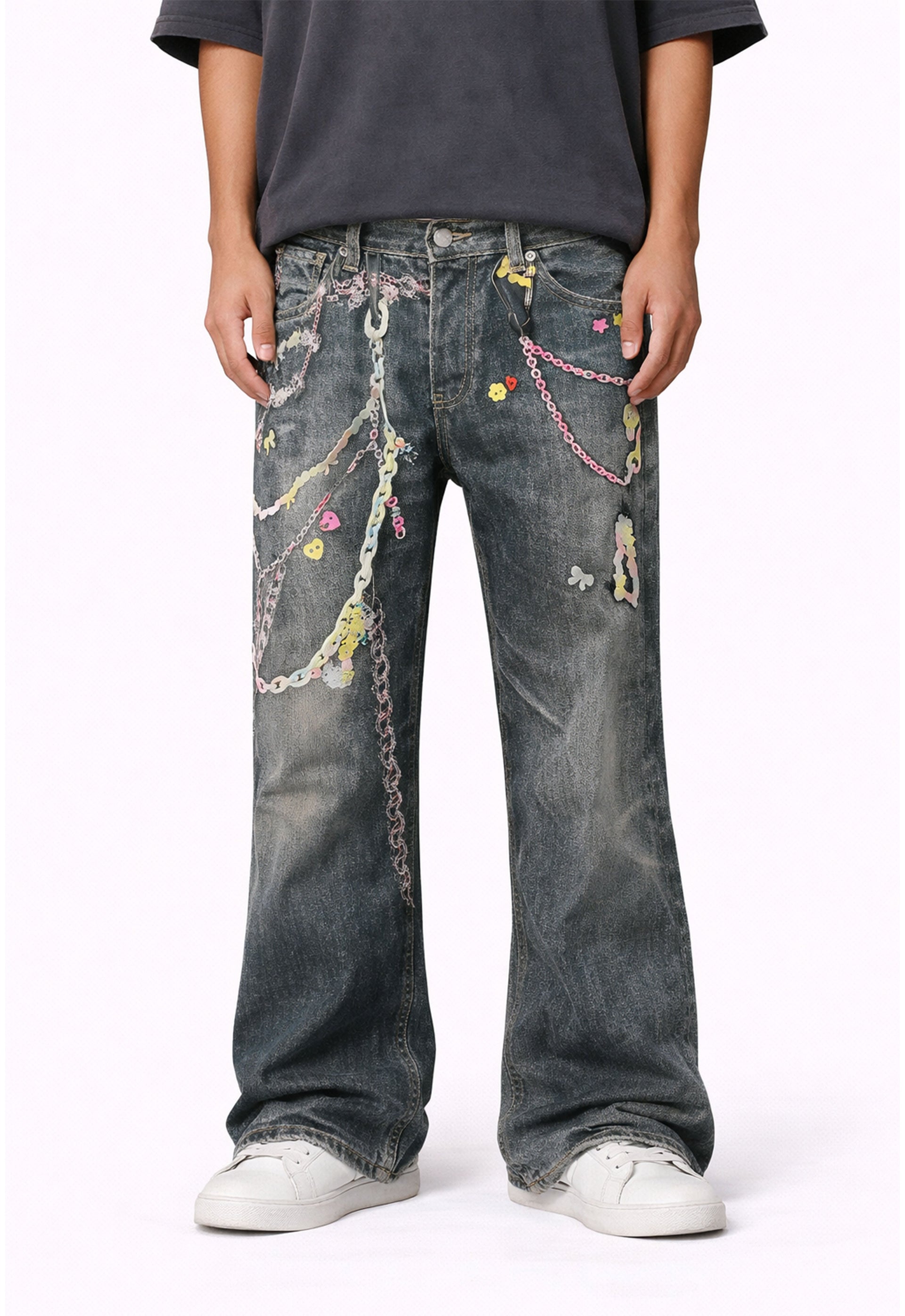 Wideboy Lucky Denim Jeans with All Over Graphic Print Sand Wash - Image 2