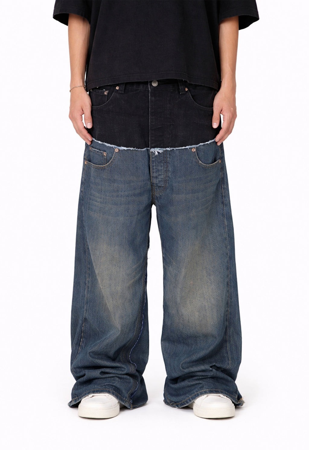 Wideboy Midnight Double Denim Jeans with Distressed Hem - Image 2
