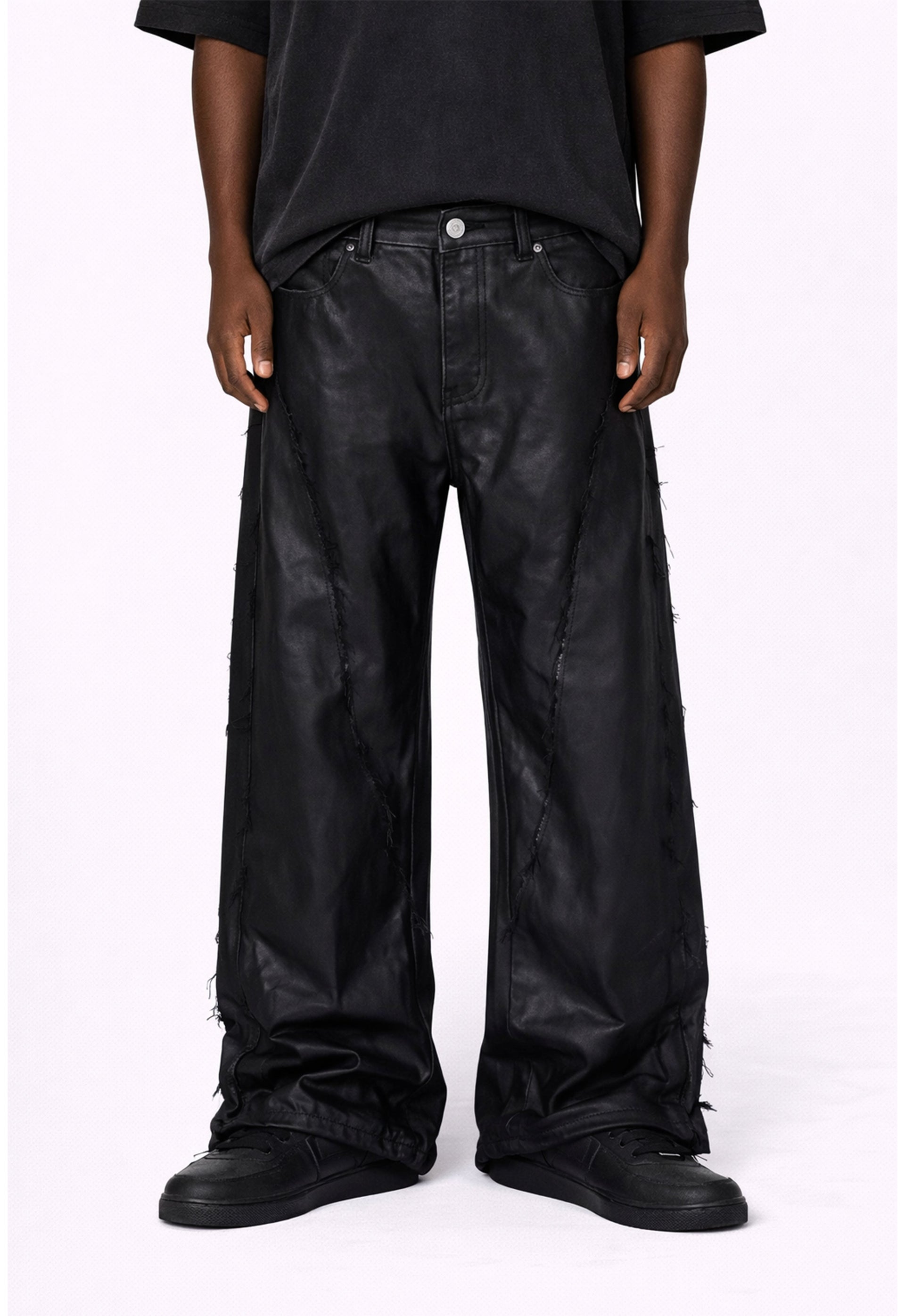 Wideboy Waxed Fray Black Denim Baggy Jeans with Distressed Panels - Image 2