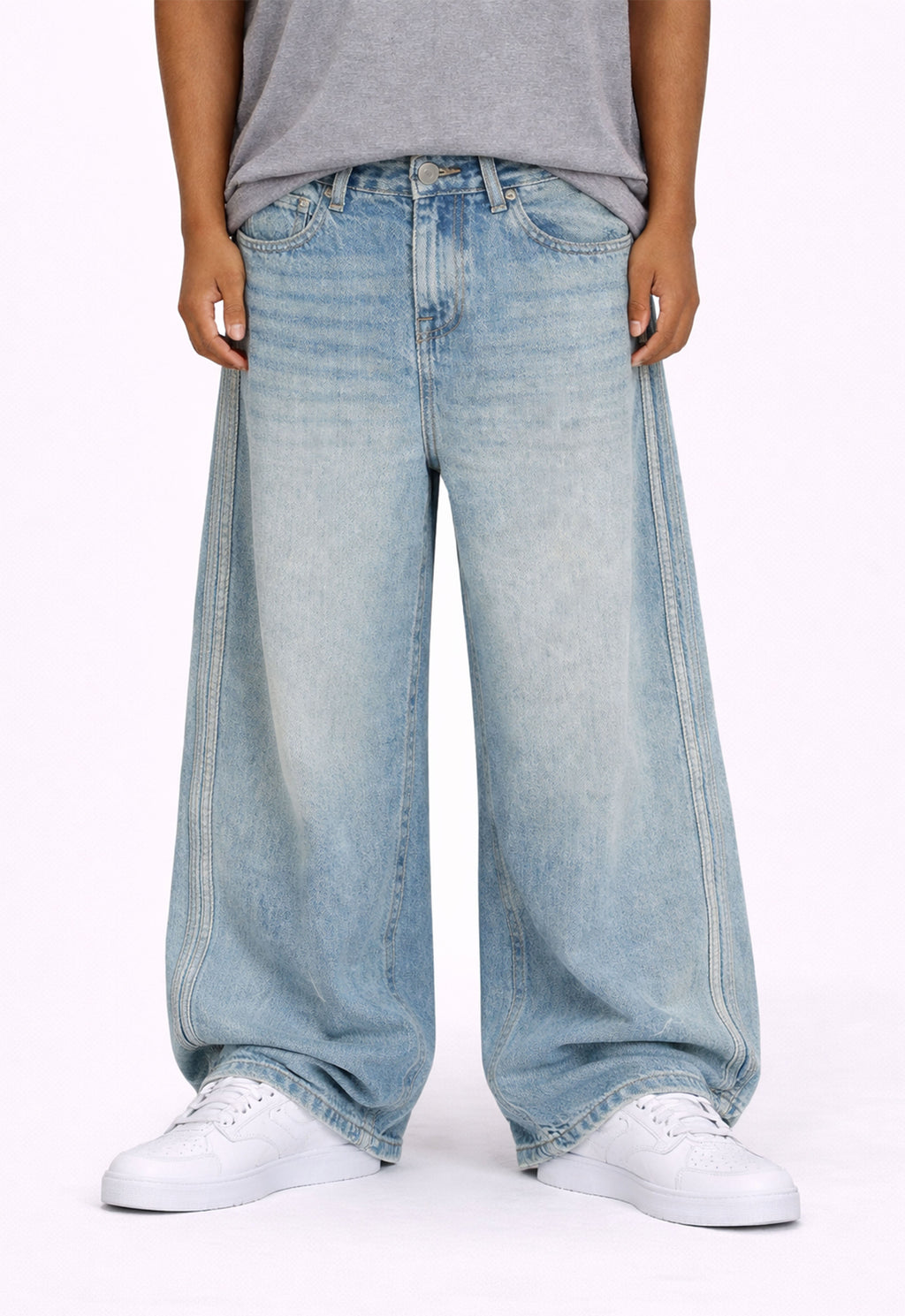 Wide Leg Striped Light Wash Denim Jeans for Men