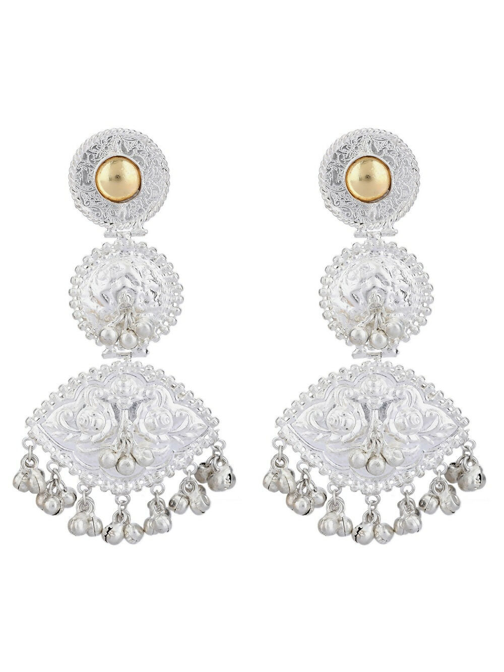 Handcrafted Silver Tone Intricate Pattern Drop Earrings with Stones