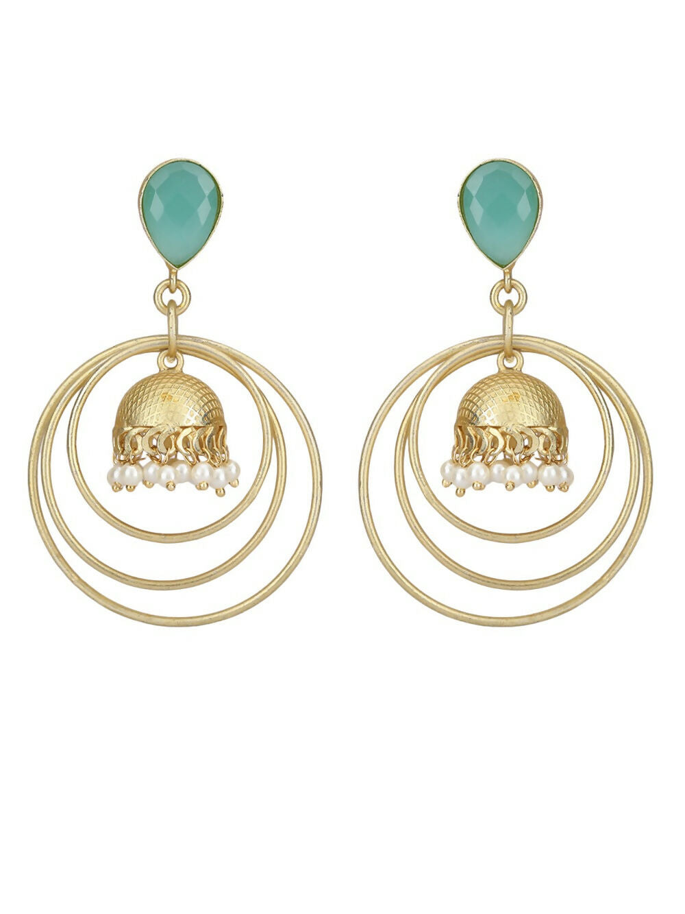 Matte Gold Round Earrings with Green Stone Accents