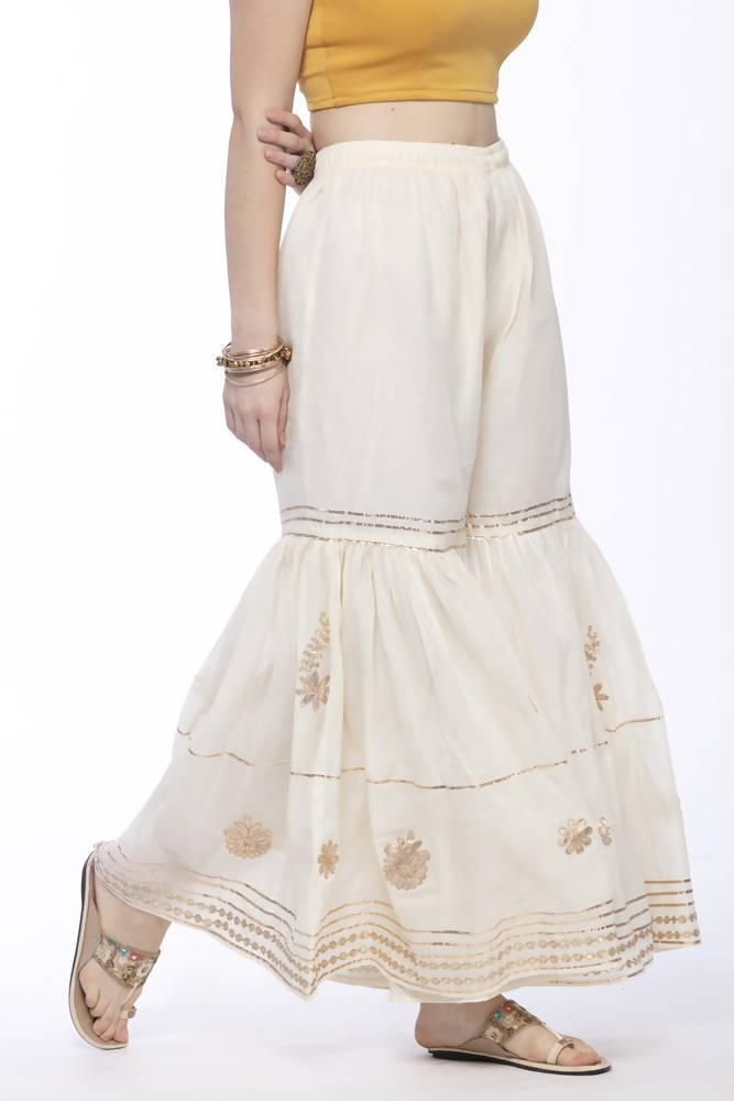 Off White Cotton Sharara Pants with Elegant Gota Work Detail