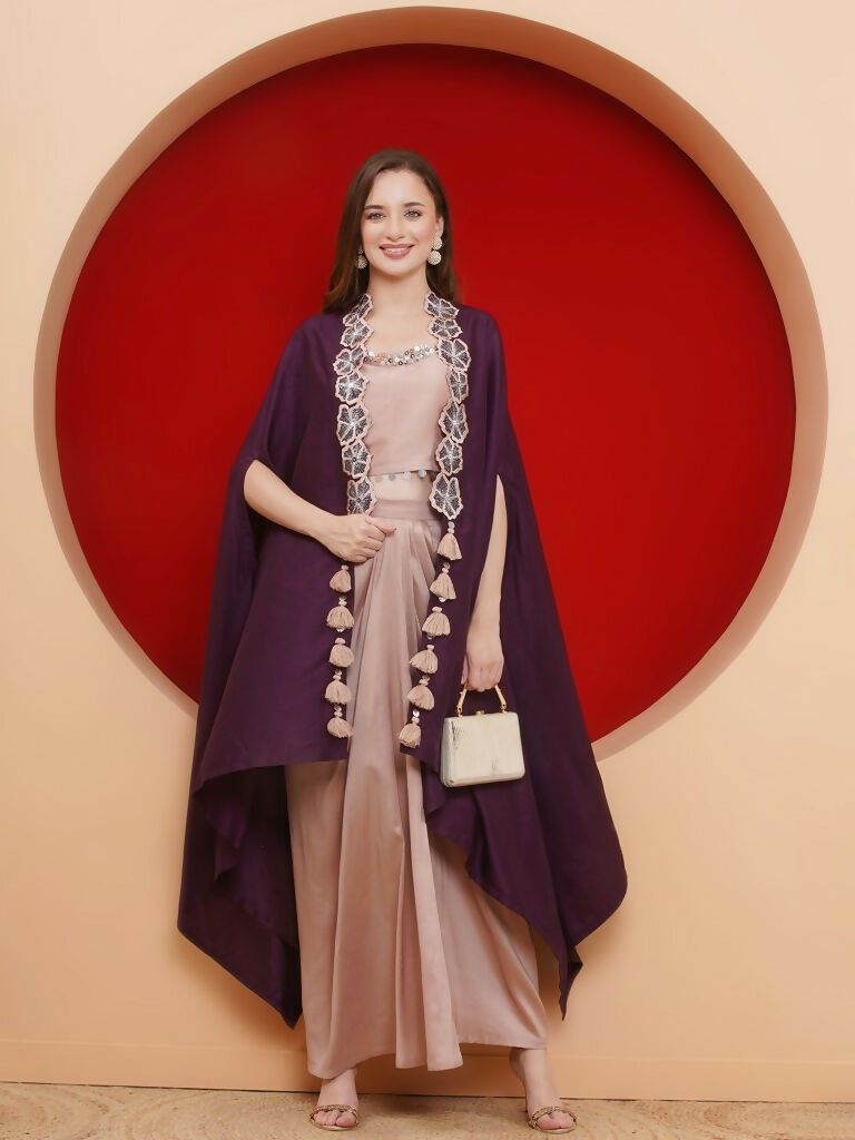 Purple and Rose Gold 3-Piece Skirt Set with Elegant Cape