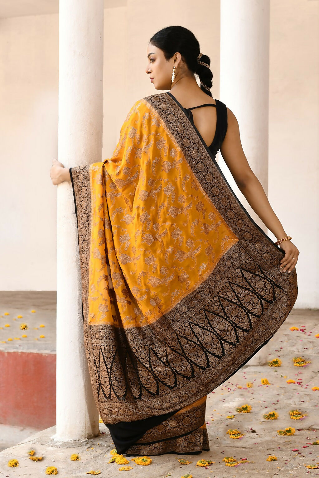 Yellow Crepe Chiffon Pure Handloom Banarasi Silk Saree