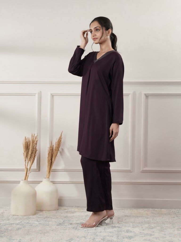 Joban Fashion Women's Rayon Wine V-Neck Co-Ord Set With Pant