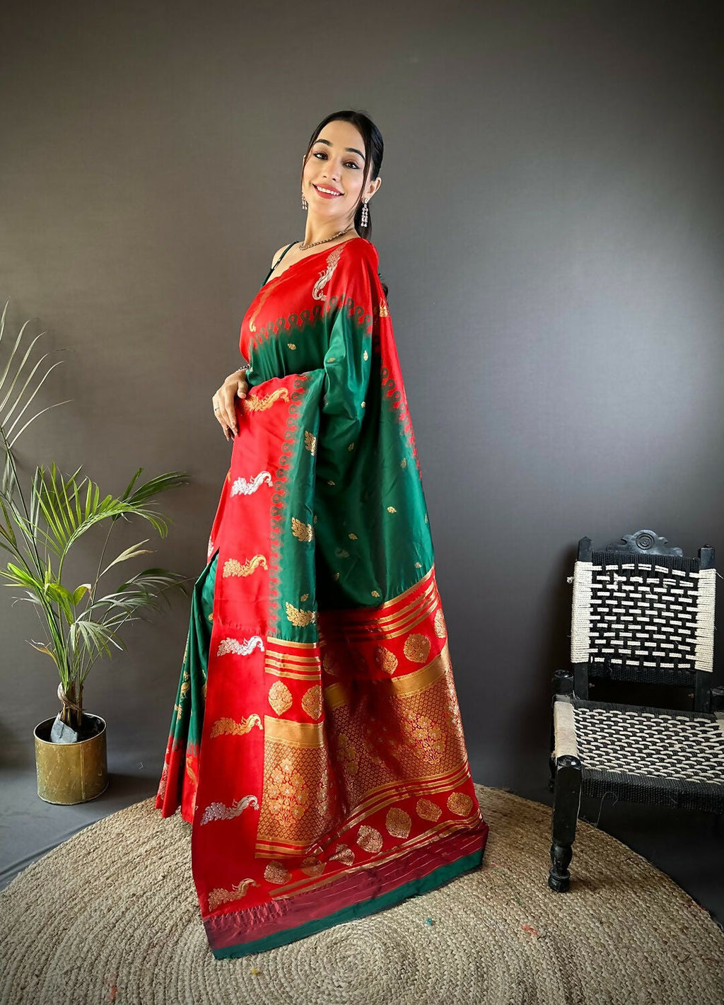 Red Peacock Butti Banarasi Silk Saree with Unstitched Blouse