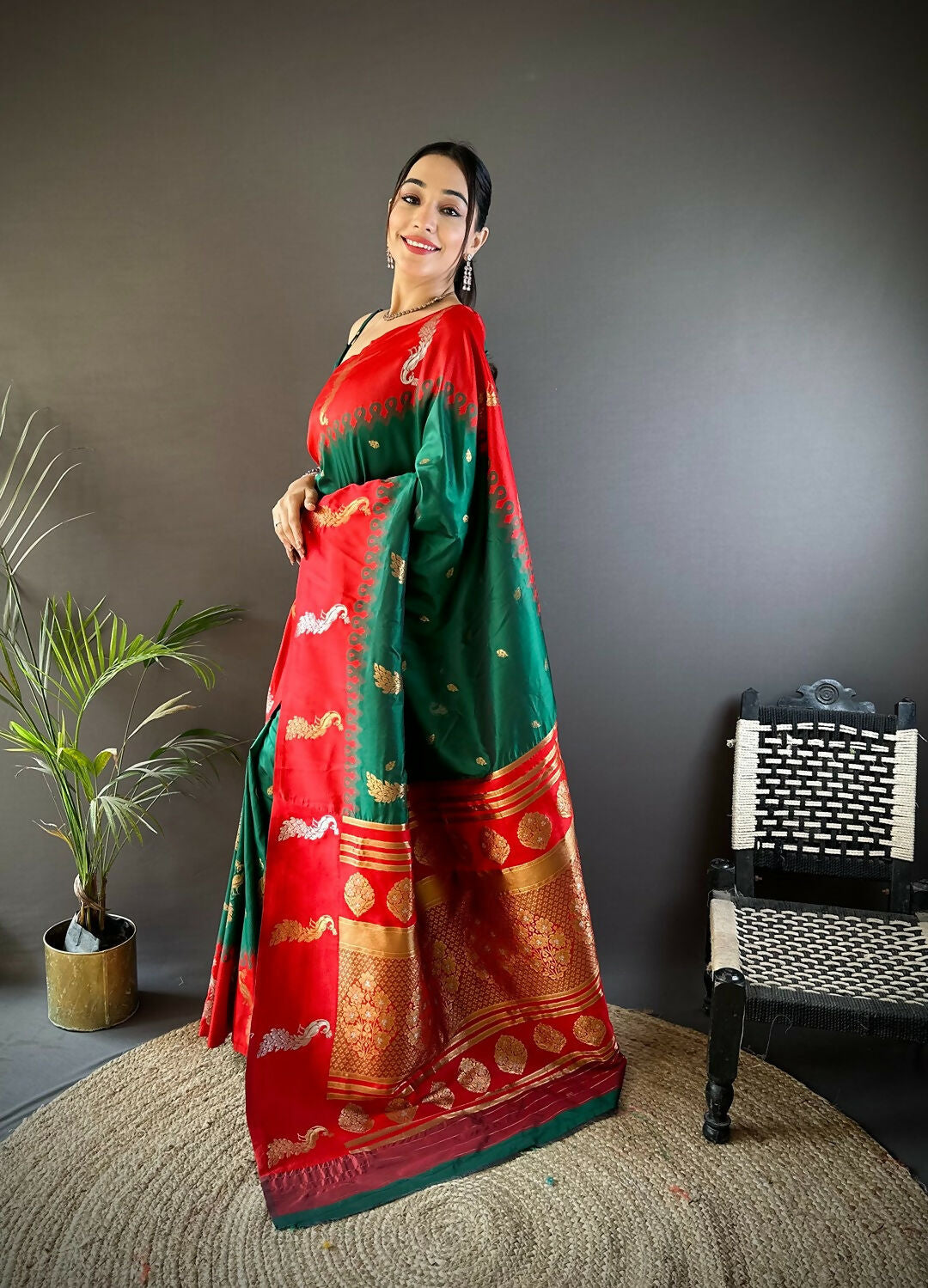 Red Peacock Butti Banarasi Silk Saree with Unstitched Blouse
