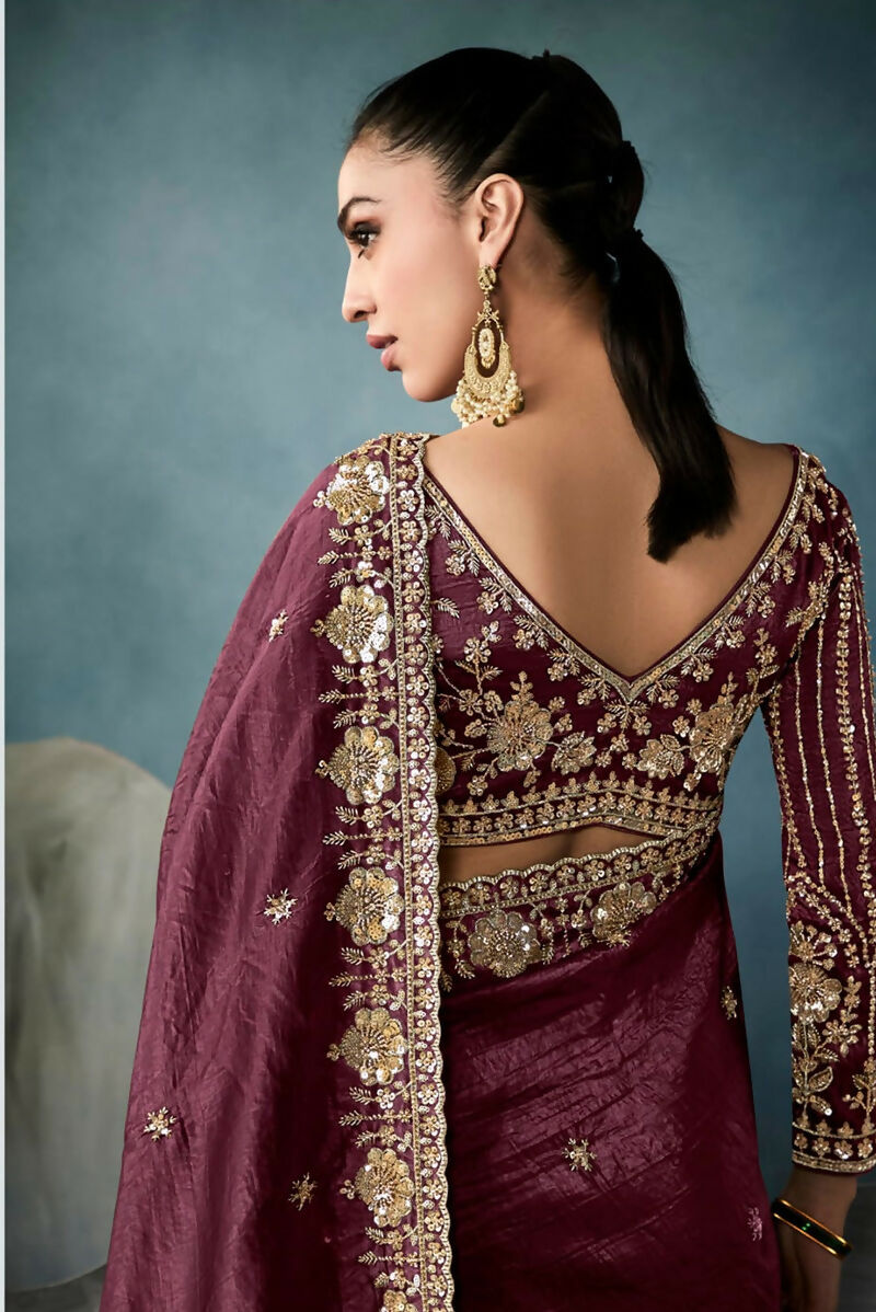 Wine Tissue Saree with Sequins and Zari Embroidery Work