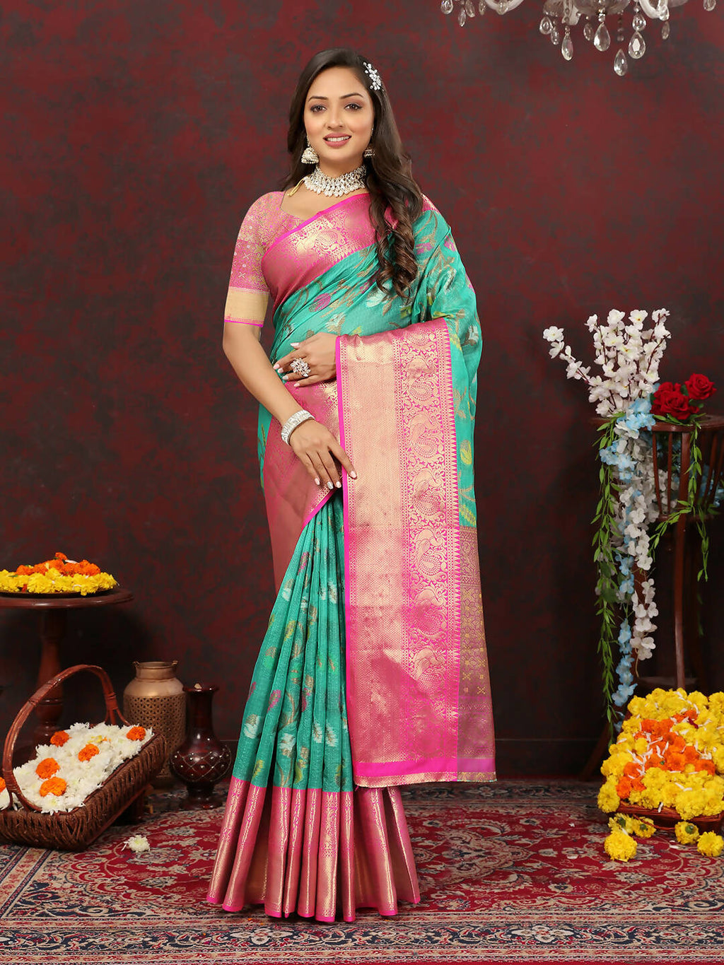 Teal cotton saree with traditional Zari Meenakari weaving and silk blouse fabric