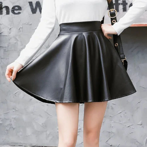 Women's Black Faux Leather High Waisted A-Line Skater Mini Skirt - Image 2