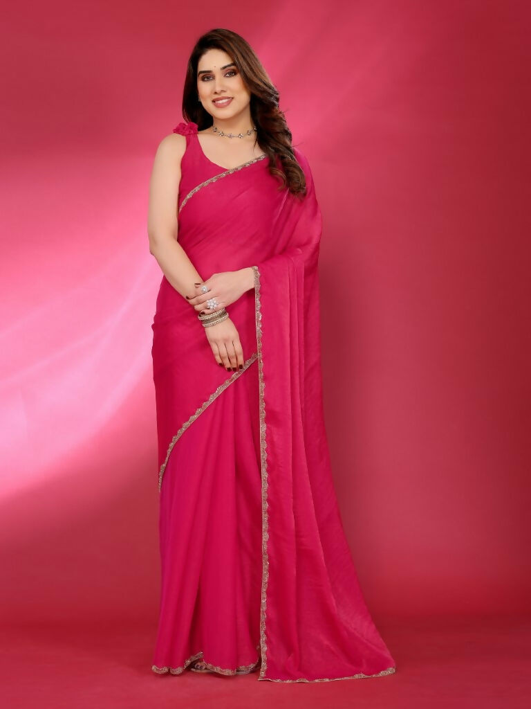 Pink Jimmy Choo Fabric Saree with Elegant Work Lace Border