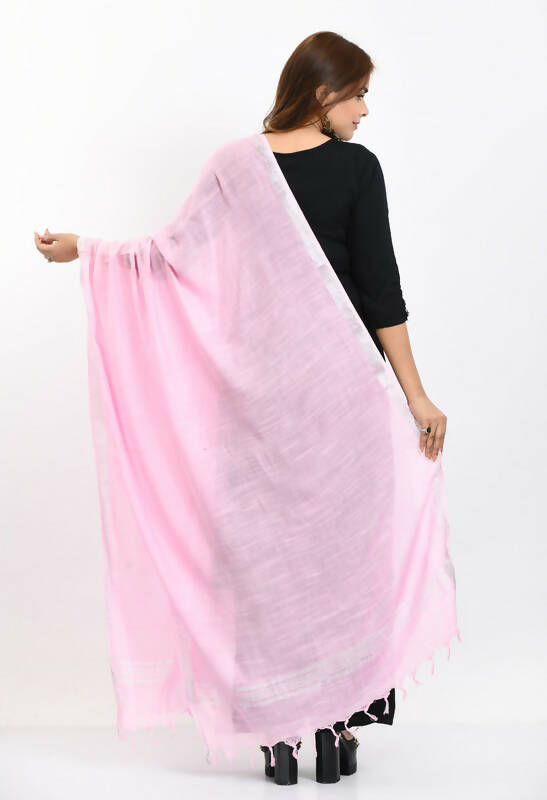 Baby Pink Linen Cotton Dupatta with Elegant Silver Border