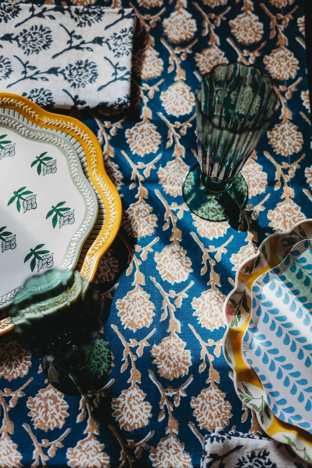 Nikhar Linen Table Runner in Ink Blue with Mughal Floral Print