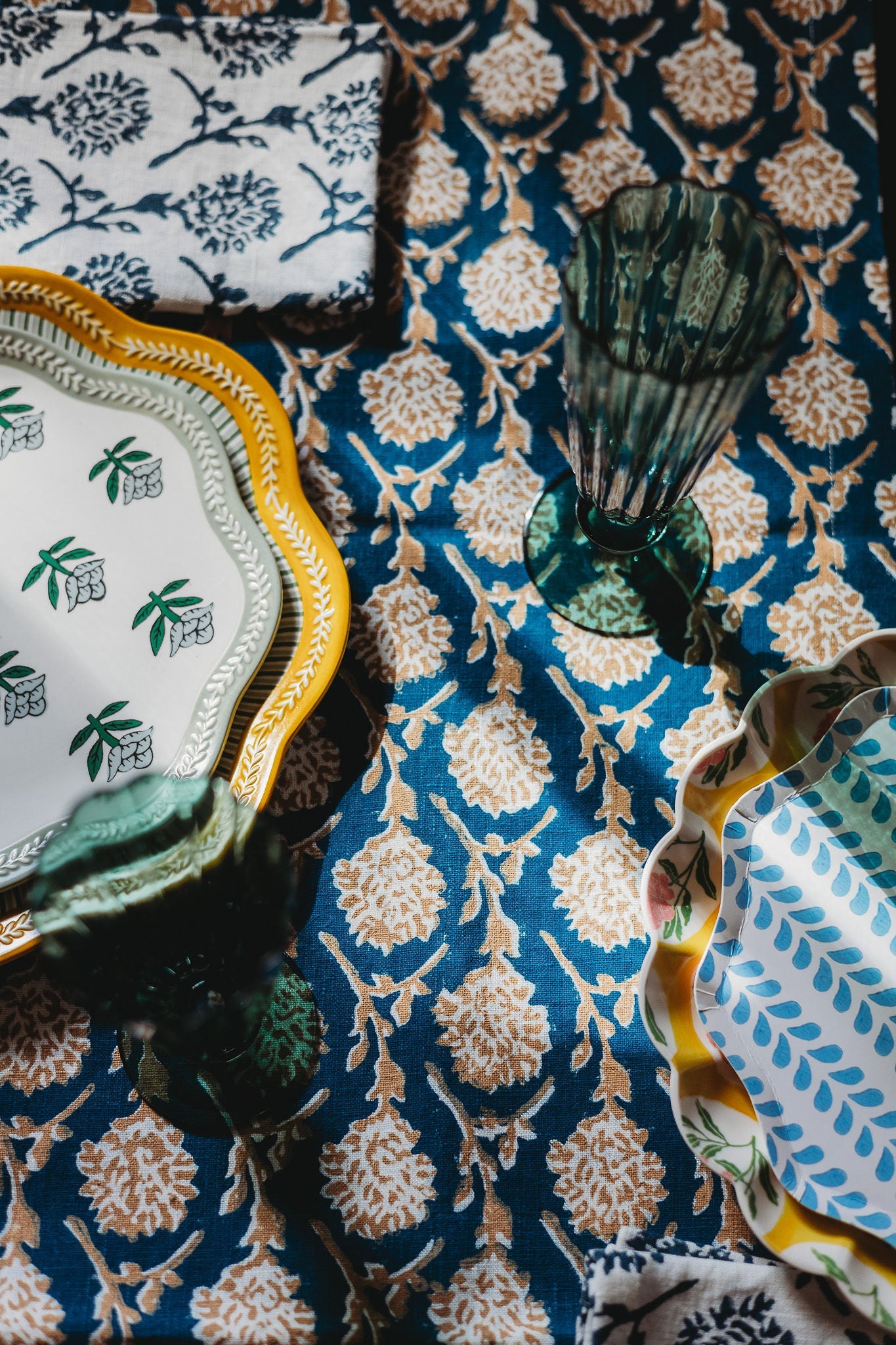Nikhar Linen Table Runner in Ink Blue with Mughal Floral Print