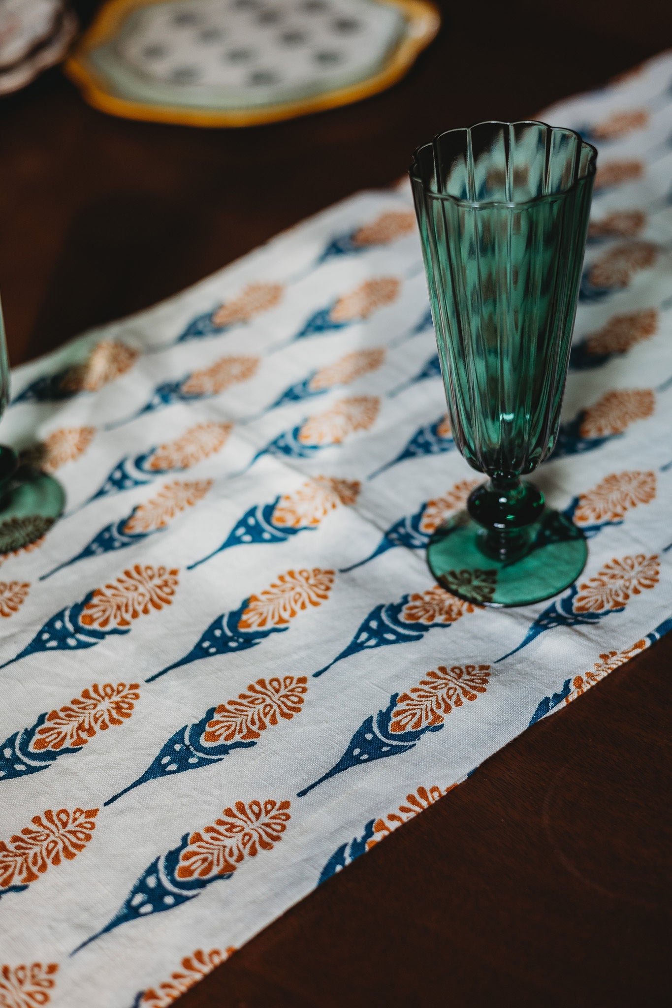 Bahaar Hand Block Printed Table Runner in Ginger and Blue