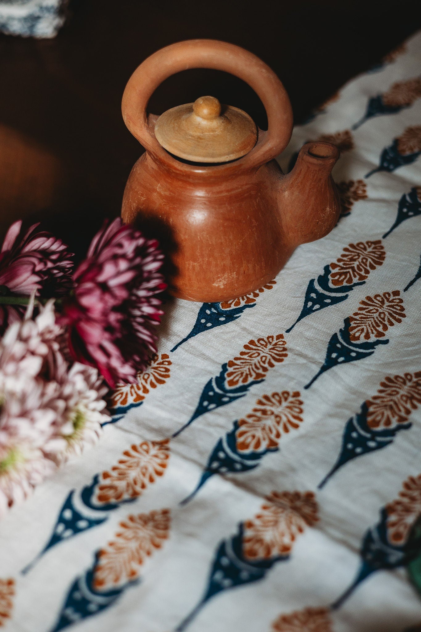 Bahaar Hand Block Printed Table Runner in Ginger and Blue