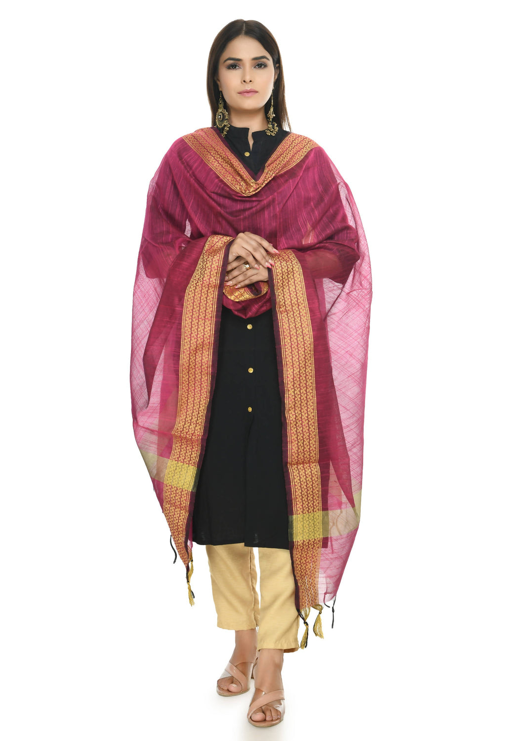 Pink handloom cotton dupatta draped elegantly over a neutral background