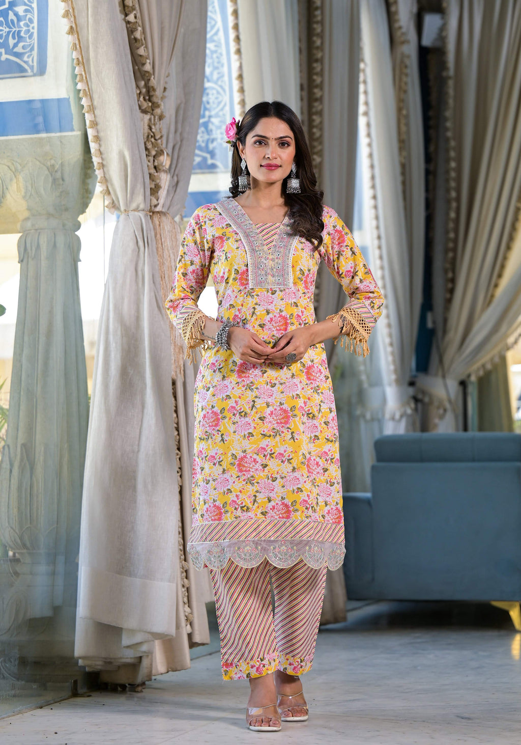 Floral Printed & Embroidered Kurta Set with Pant and Dupatta