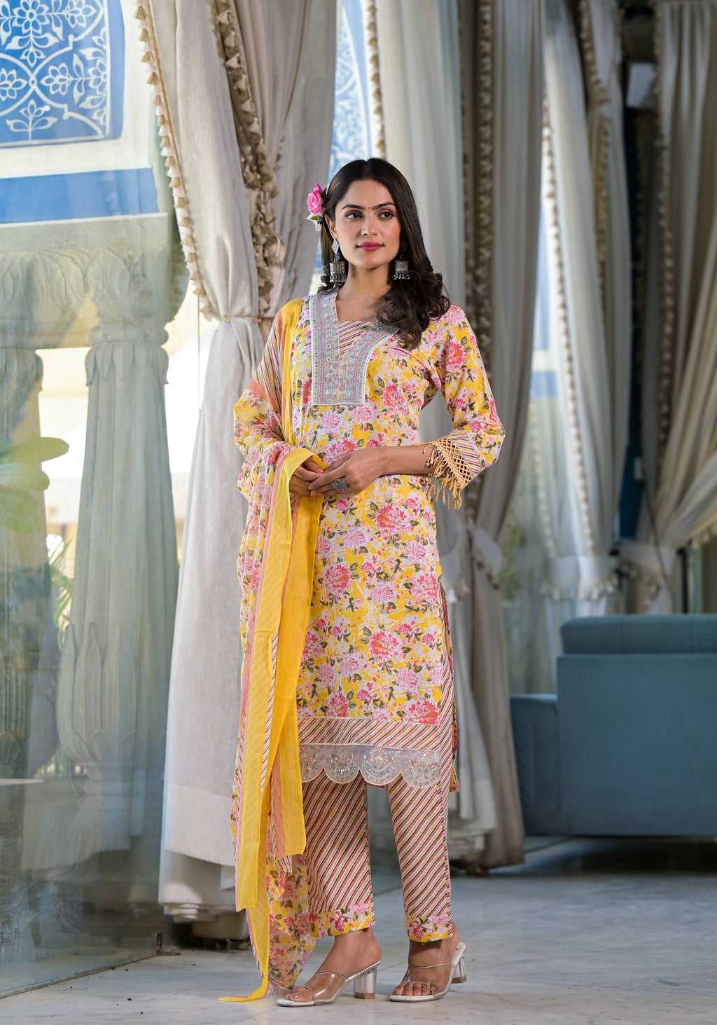 Floral Printed & Embroidered Kurta Set with Pant and Dupatta