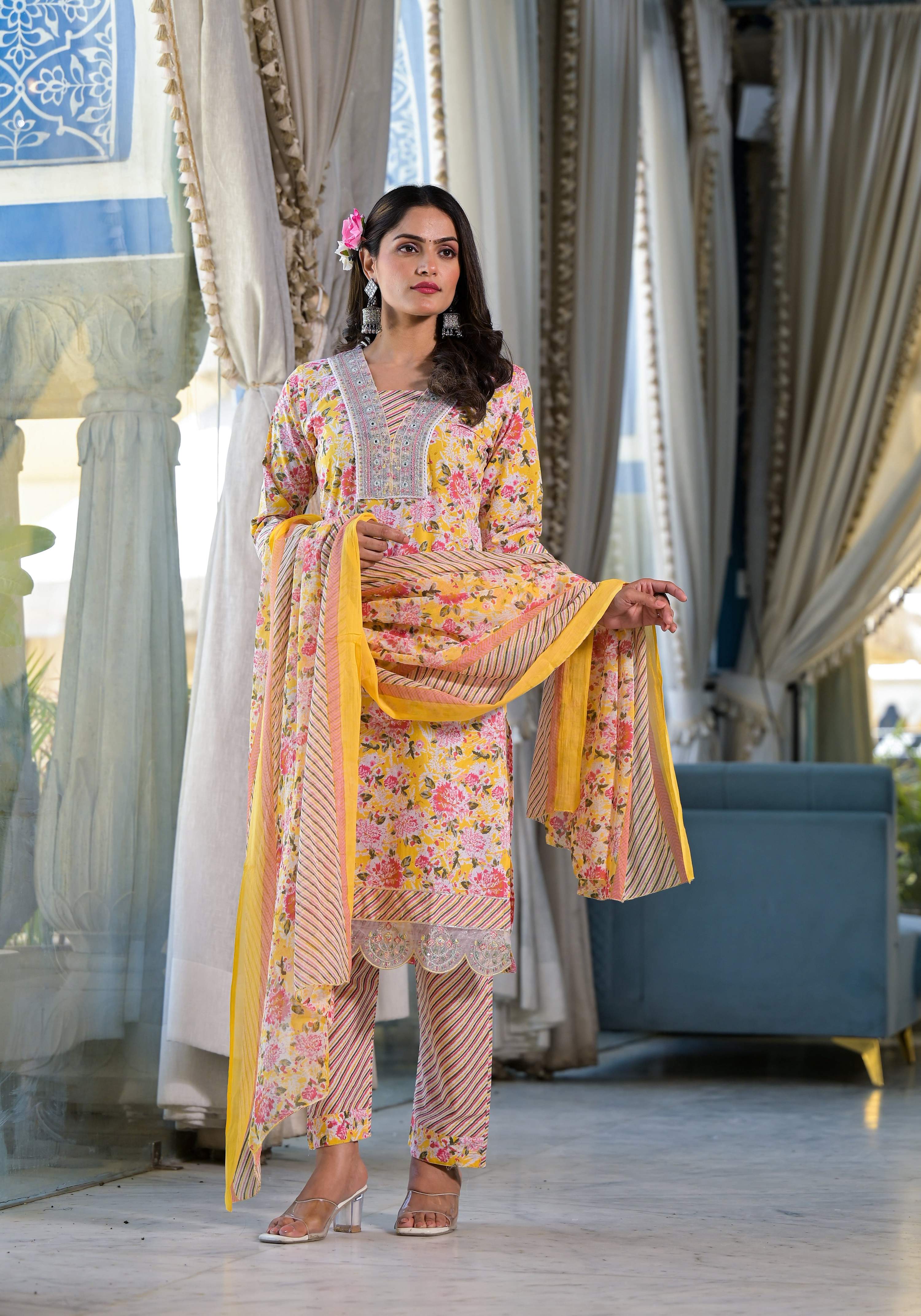 Floral Printed & Embroidered Kurta Set with Pant and Dupatta