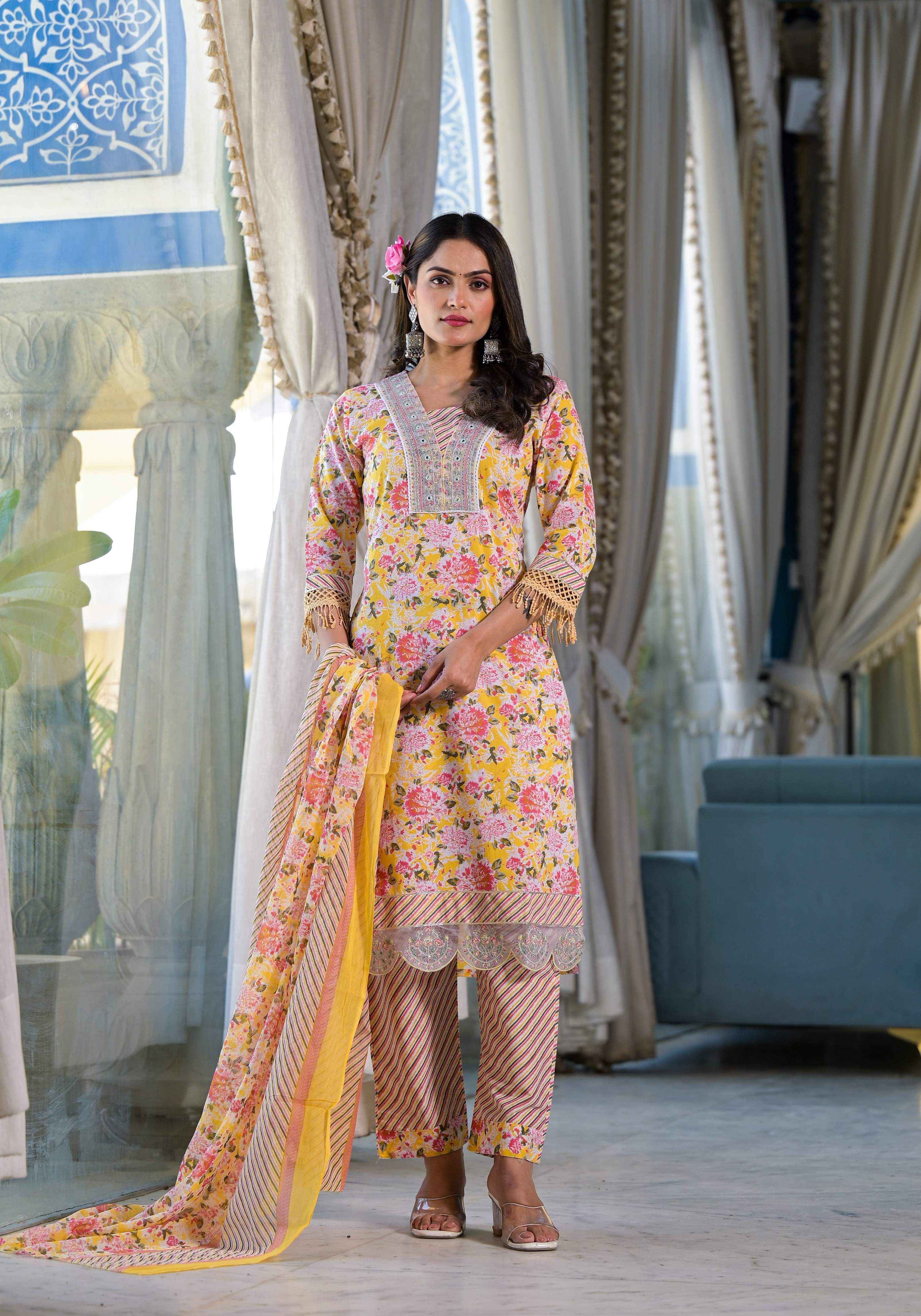 Multicolor floral printed and embroidered kurta set with matching pant and dupatta