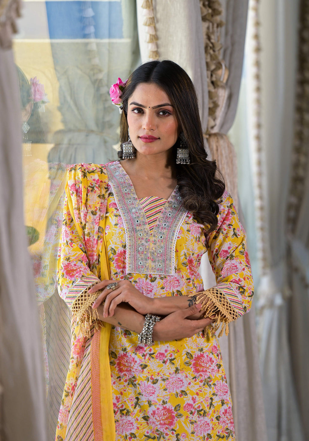 Floral Printed & Embroidered Kurta Set with Pant and Dupatta