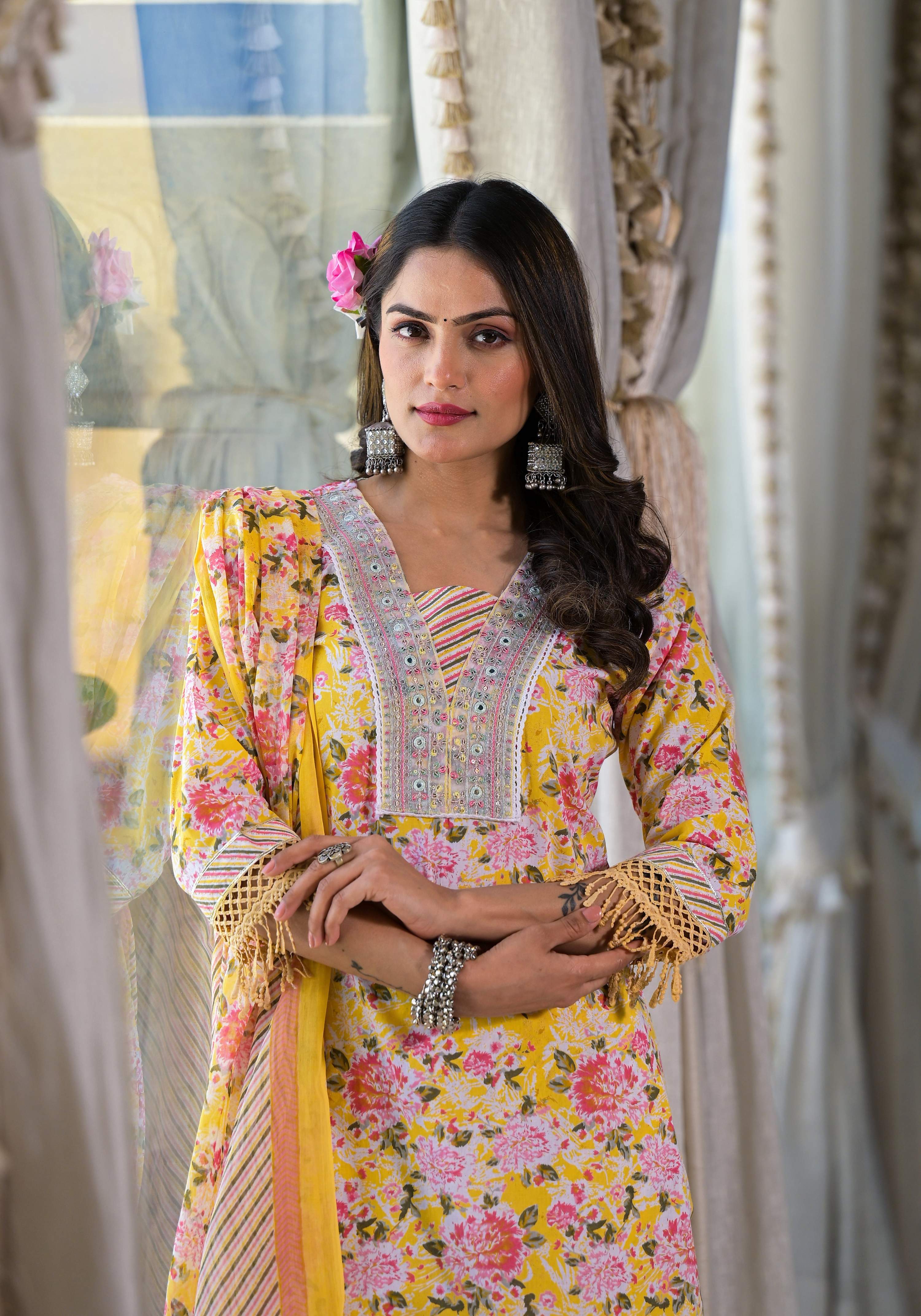 Floral Printed & Embroidered Kurta Set with Pant and Dupatta